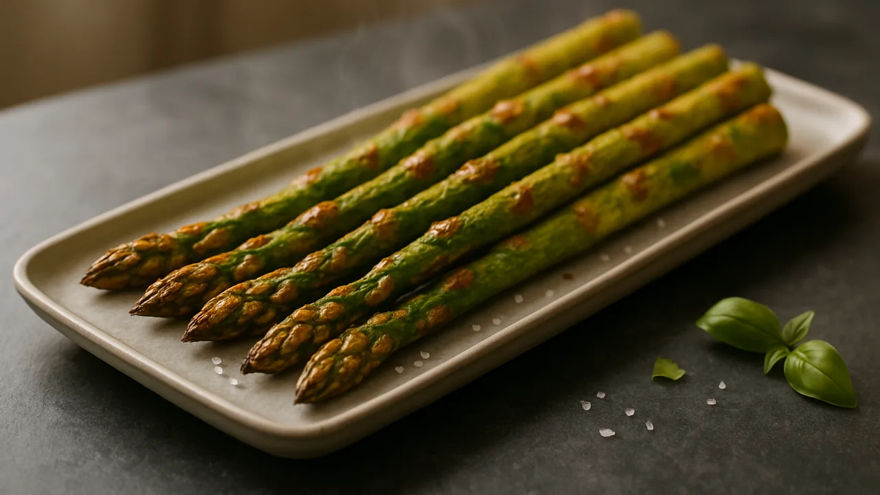 Grüner Spargel im Airfryer mit Grüner Spargel, auf dunklem Schiefer angerichtet.