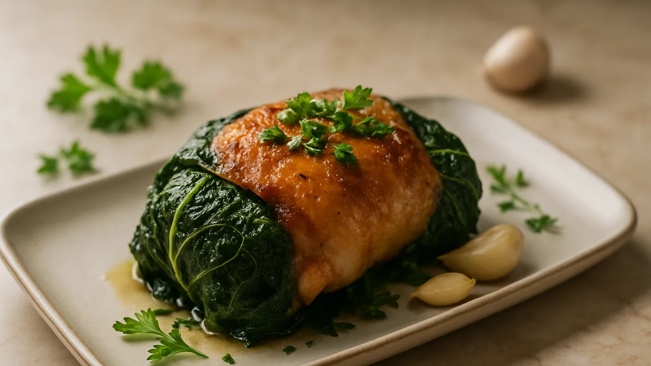 Grünkohl gefüllt mit Hähnchenschenkel und Kräutern aus dem Airfryer mit Hähnchenschenkel, entbeint und Grünkohlblätter, auf …