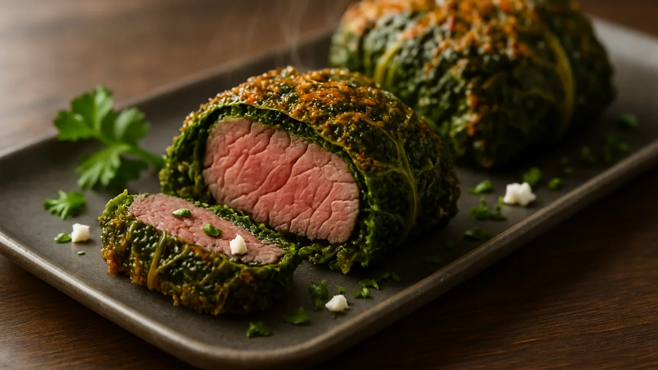 Grünkohl gefüllt mit Rinderfilet und Kräutern aus dem Airfryer mit Grünkohl und Rinderfilet, auf dunklem Walnussholz …