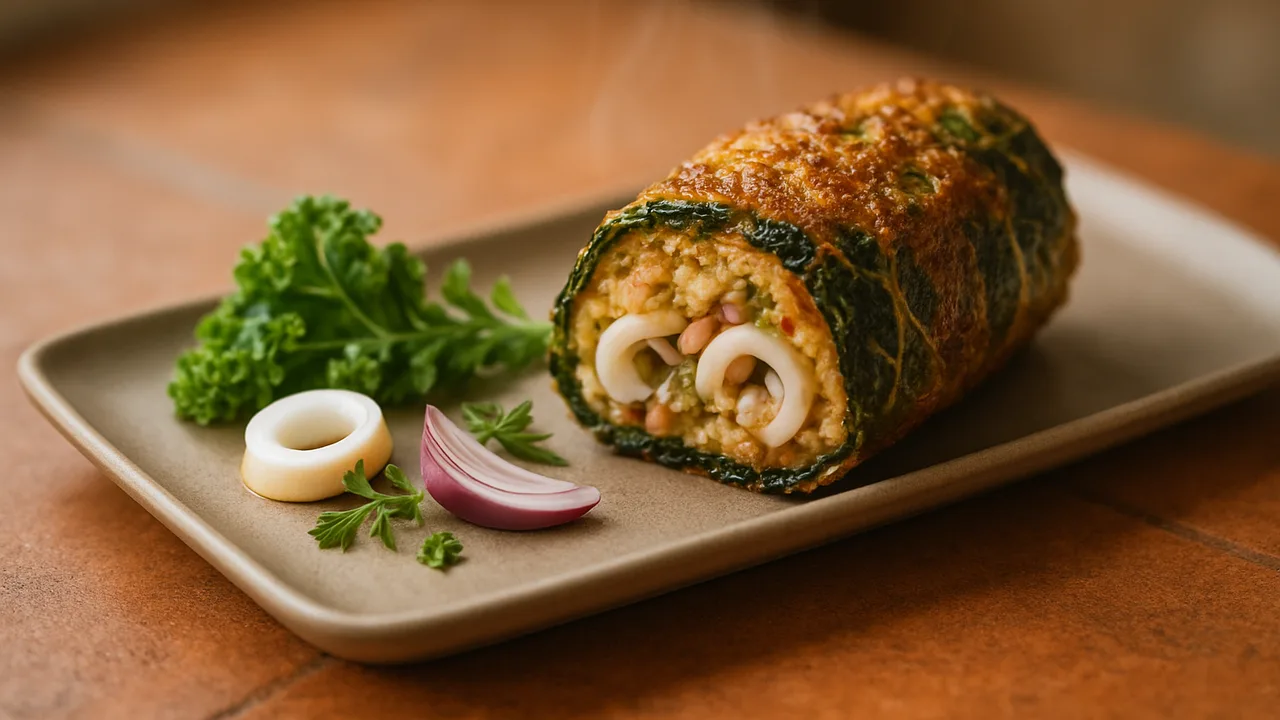 Grünkohl gefüllt mit Tintenfisch und Kräutern aus dem Airfryer mit Grünkohlblätter und Tintenfisch, auf Terracotta-Fliesen …
