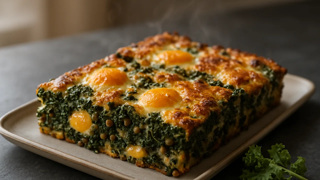 Grünkohl-Linsen Auflauf aus dem Airfryer mit Grünkohl und Linsen, gekocht (z.B. aus der Dose), auf dunklem Schiefer …