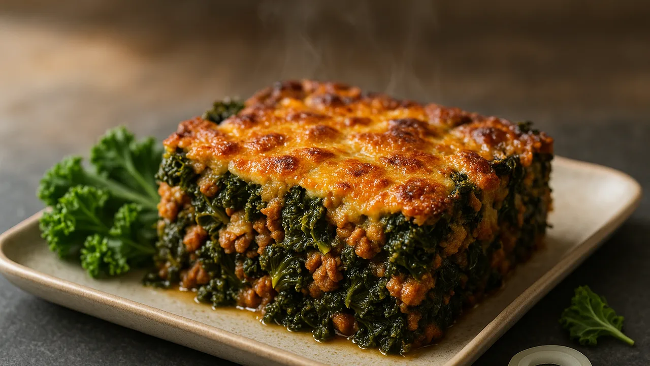 Grünkohl-Veggie-Hack Auflauf aus dem Airfryer mit Grünkohl und Veggie-Hack, auf dunklem Schiefer angerichtet.
