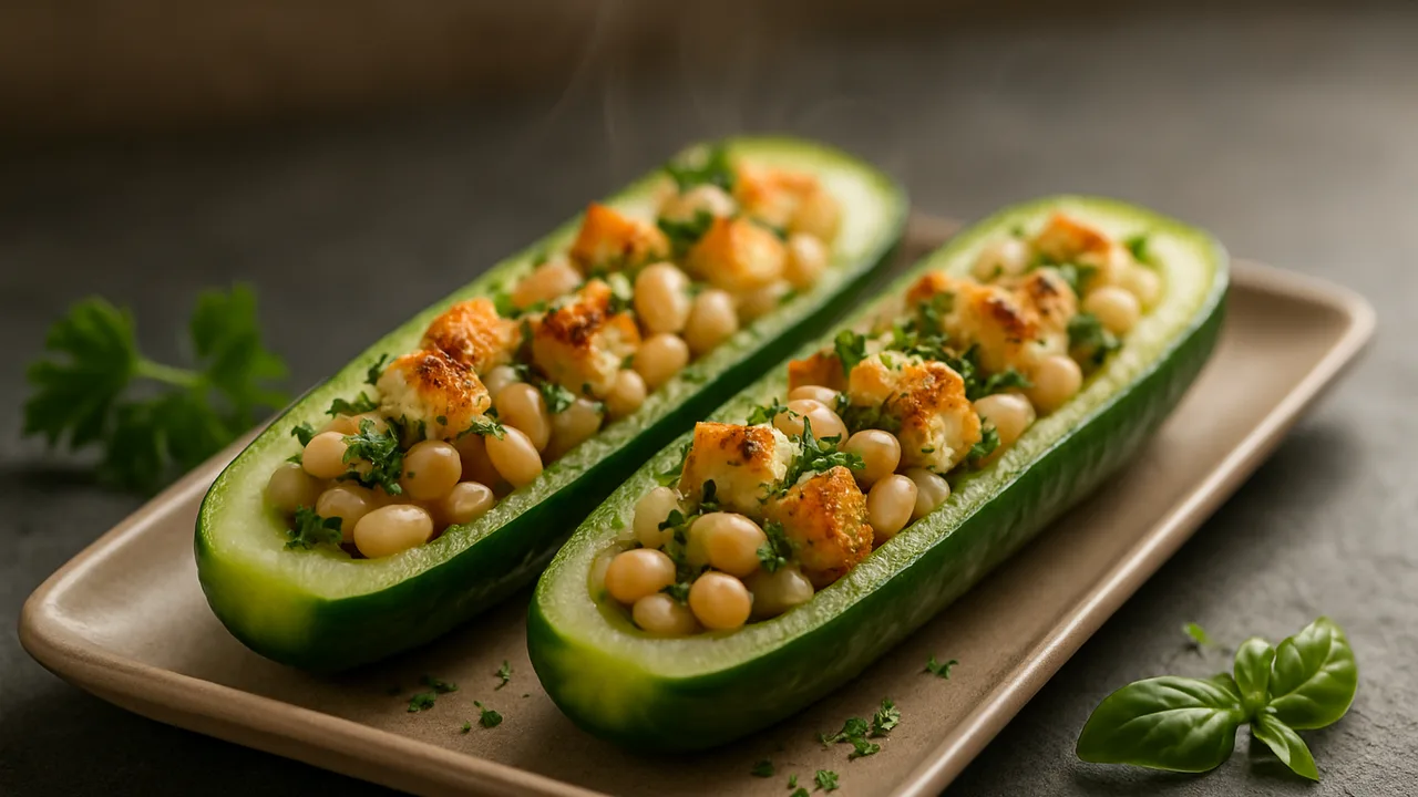 Gefüllte Gurke mit Weißen Bohnen und Kräutern aus dem Airfryer mit Salatgurken und Weiße Bohnen (aus der Dose, abgetropft), …