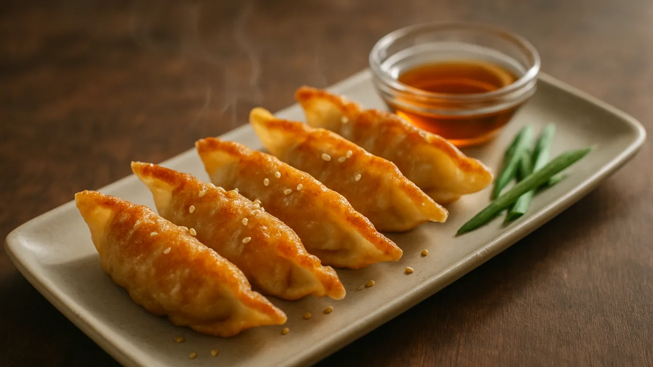 Gyoza aus dem Airfryer – TK knusprig mit TK-Gyoza und Sesamöl, auf dunklem Walnussholz angerichtet.