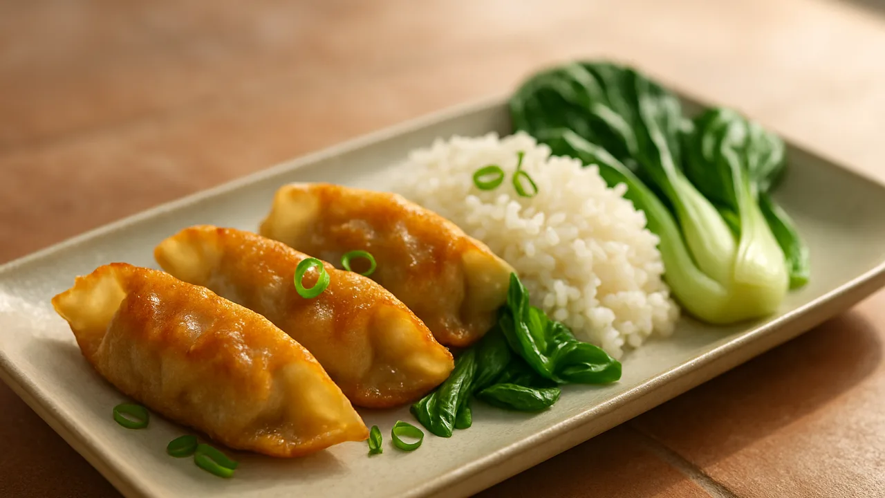 Gyoza-Bowl mit Reis und Pak Choi aus dem Airfryer mit Gyoza (TK) und Reis, auf Terracotta-Fliesen angerichtet.
