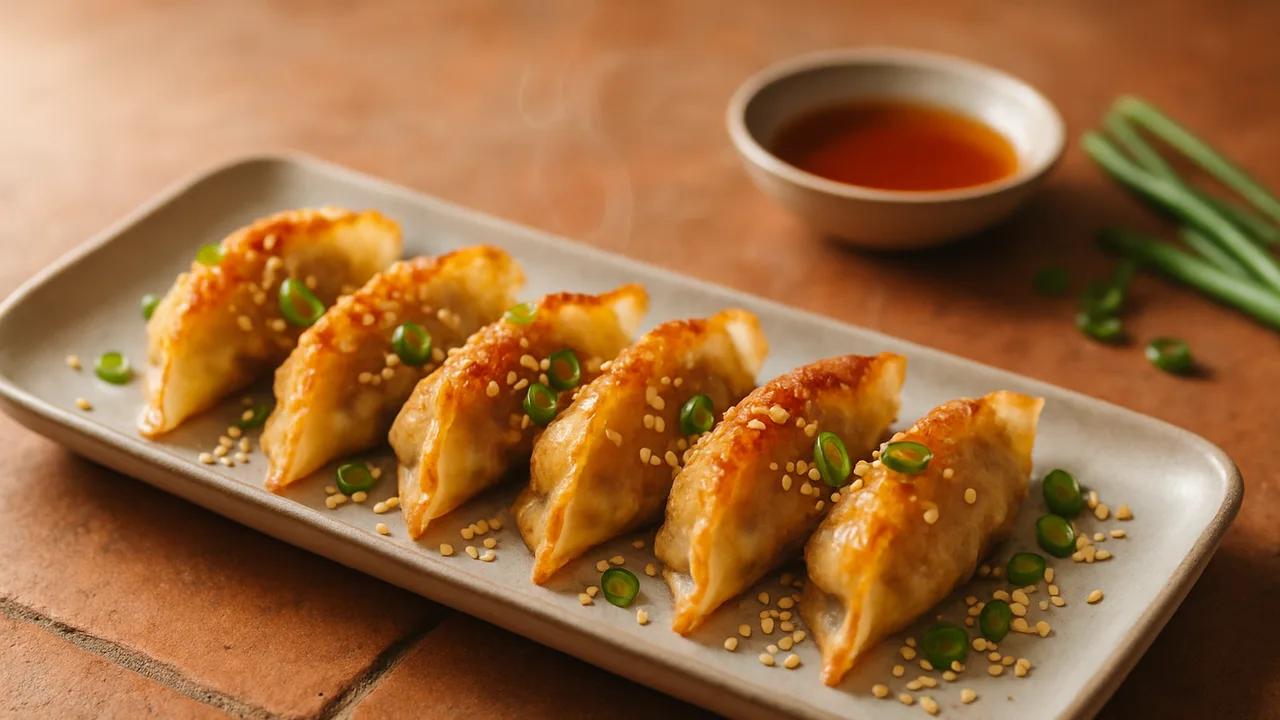 Gyoza mit Sesam und Frühlingszwiebeln aus dem Airfryer mit Gyoza (Teigtaschen) und Sesamöl, auf Terracotta-Fliesen …
