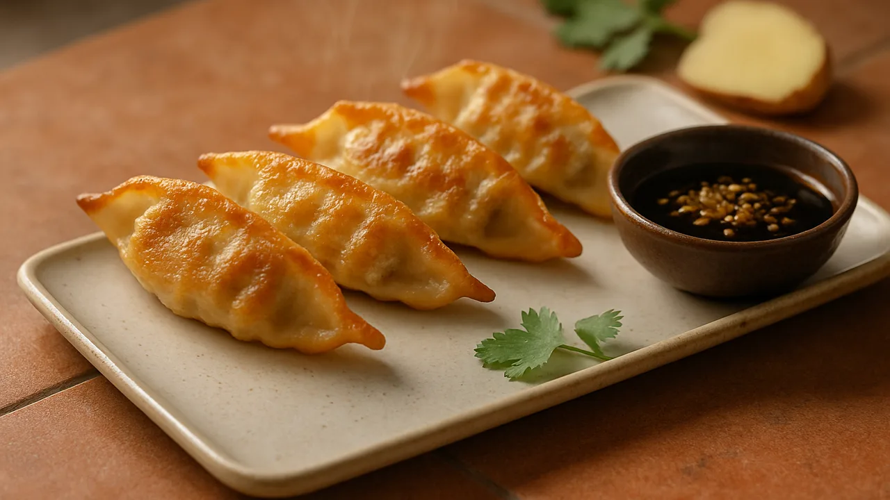 Gyoza mit Soja-Ingwer-Dip aus dem Airfryer mit Gyoza (TK) und Sojasauce, auf Terracotta-Fliesen angerichtet.