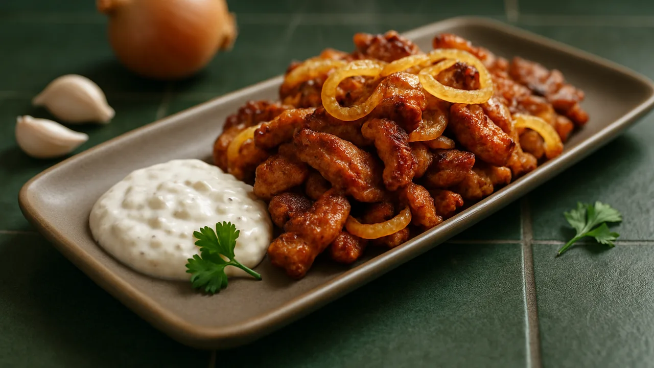 Gyros aus Schweinenacken mit Zwiebeln und Zaziki aus dem Airfryer mit Schweinenacken und Zwiebel, auf dunkelgrünen Fliesen …