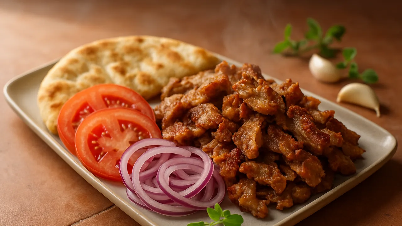 Gyros-Pita-Teller mit Tomaten und Zwiebeln aus dem Airfryer mit Schweinenacken und Knoblauchzehen, auf Terracotta-Fliesen …