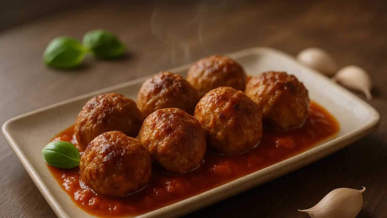 Hackbällchen in Tomatensauce aus dem Airfryer mit gemischtes Hackfleisch und Zwiebel, auf dunklem Walnussholz angerichtet.