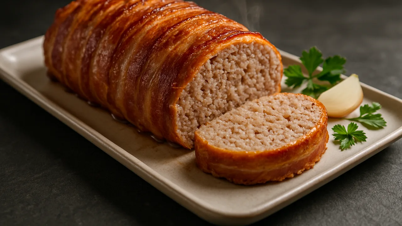 Hackbraten im Speckmantel aus dem Airfryer mit Gemischtes Hackfleisch und Speckscheiben, auf dunklem Schiefer angerichtet.