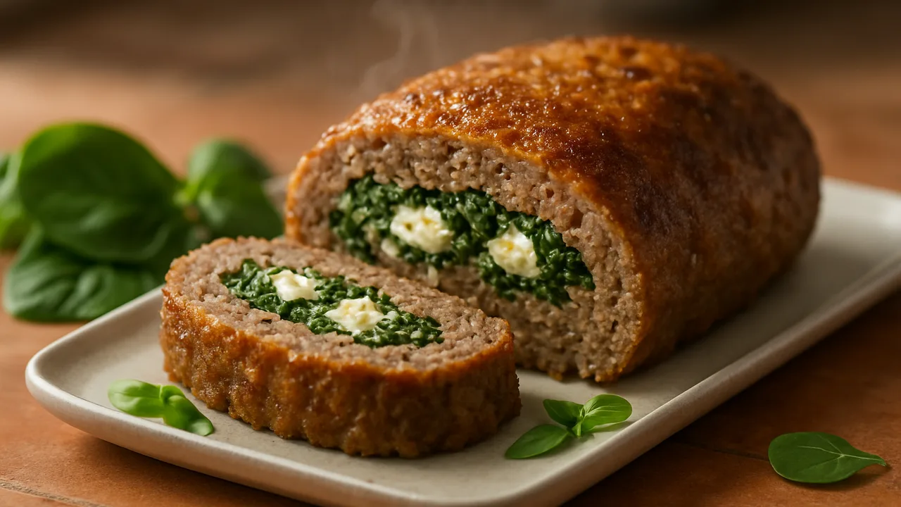 Hackbraten mit Feta und Spinat gefüllt aus dem Airfryer mit gemischtes Hackfleisch und Feta, auf Terracotta-Fliesen …