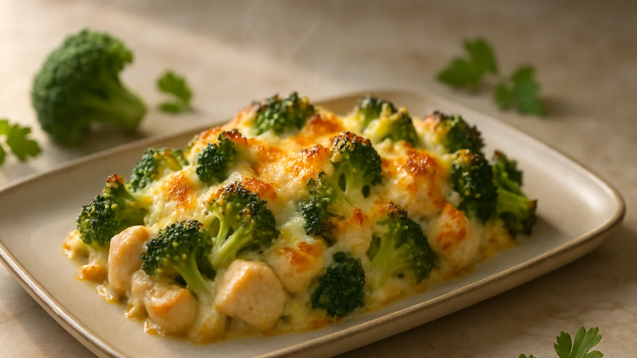 Hähnchen-Brokkoli-Auflauf mit Käse aus dem Airfryer mit Hähnchenbrust und Brokkoli, auf beigem Marmor angerichtet.