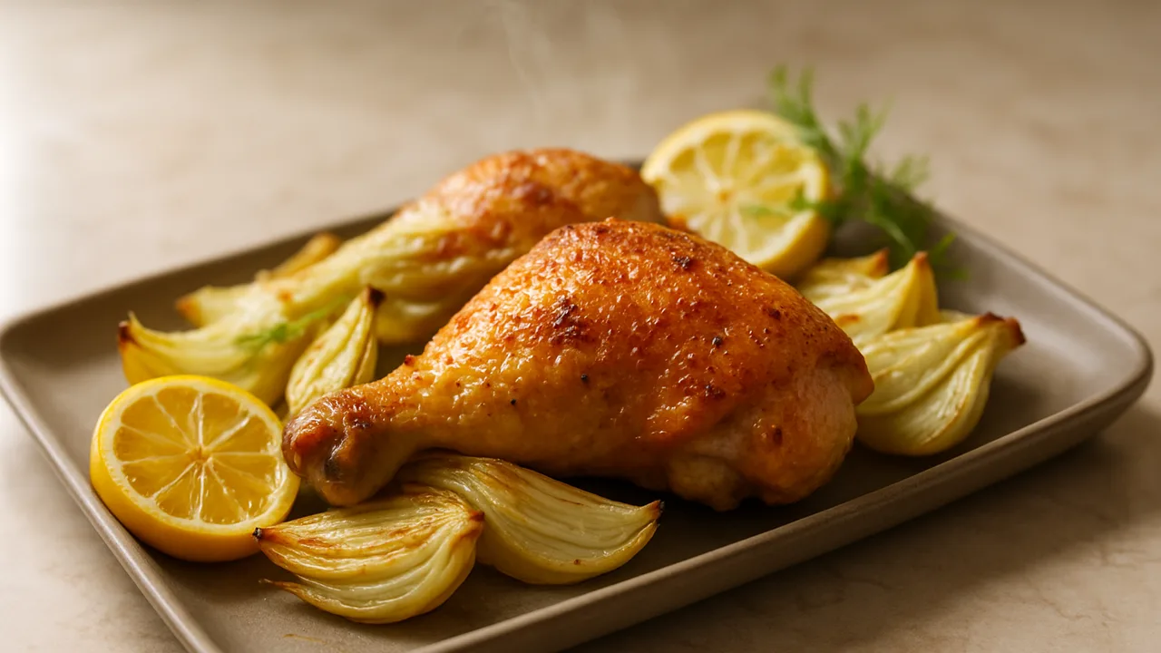 Hähnchen mit Fenchel und Zitrone aus dem Airfryer mit Hähnchenschenkel und Fenchelknollen, auf beigem Marmor angerichtet.