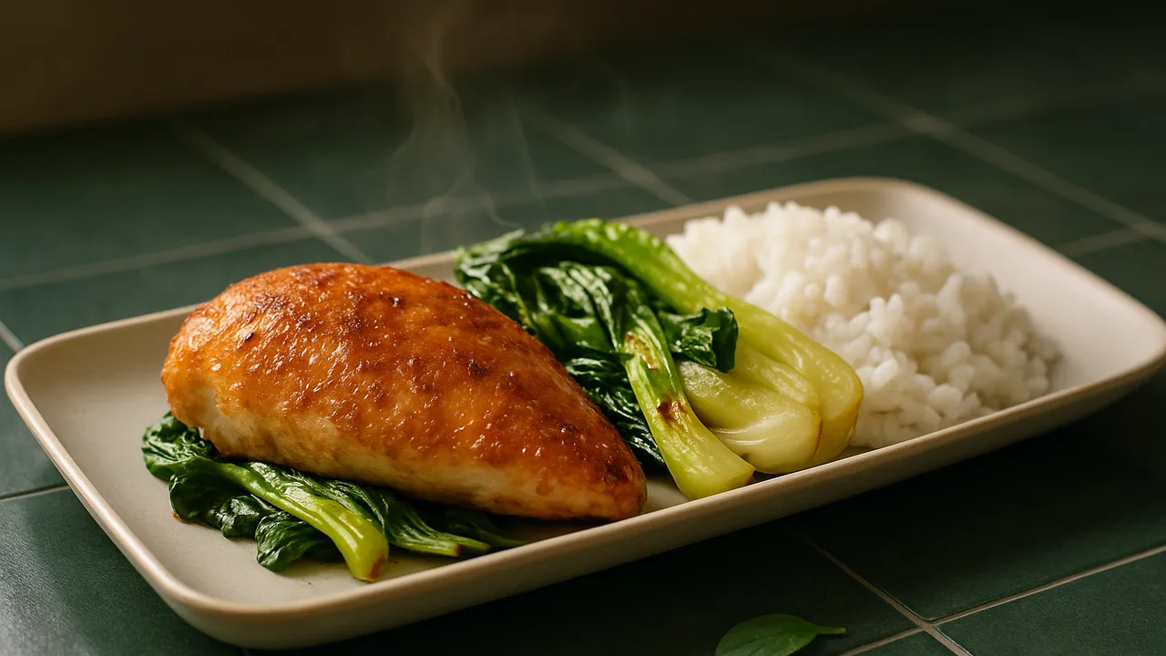Hähnchen mit Pak Choi und Reis aus dem Airfryer mit Hähnchenbrust und Pak Choi, auf dunkelgrünen Fliesen angerichtet.