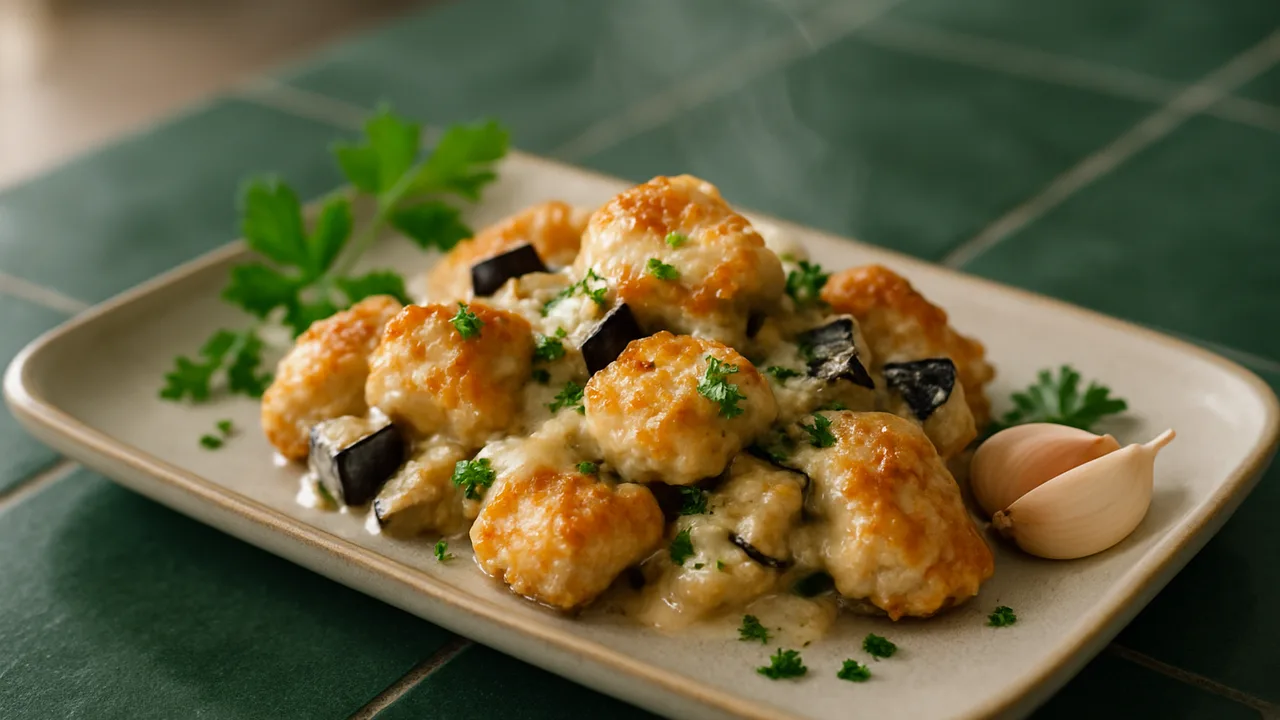 Cremig Hähnchenbrust Nuggets mit Aubergine aus dem Airfryer mit Hähnchenbrust und Joghurt, auf dunkelgrünen Fliesen …