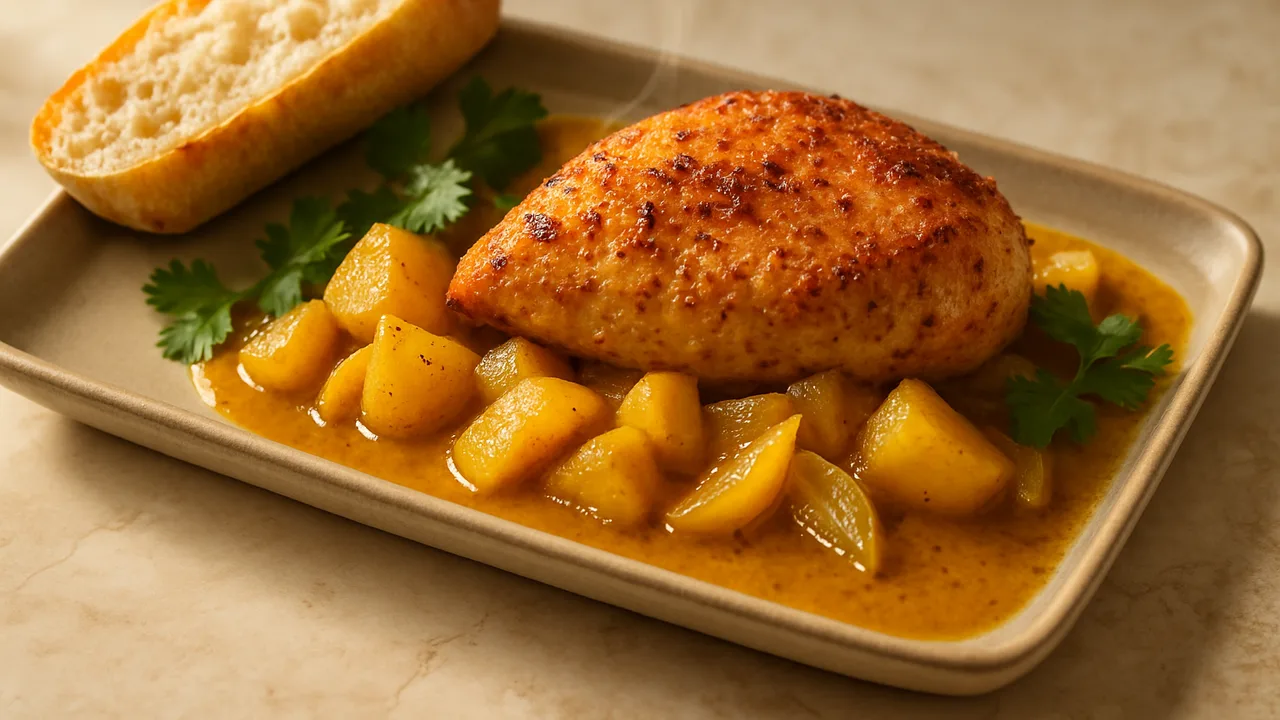 Hähnchenbrust Curry mit Kartoffel und Baguette aus dem Airfryer mit Hähnchenbrust und Kartoffeln, auf beigem Marmor …