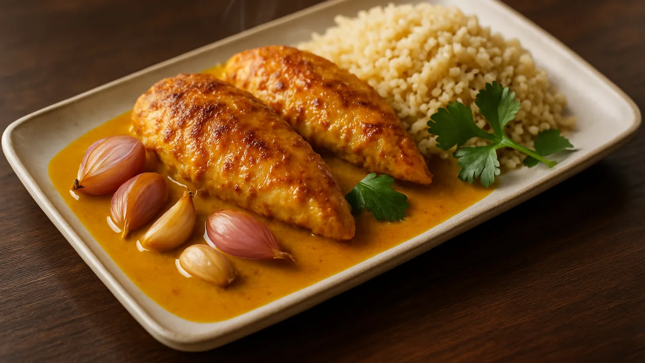 Hähnchenbrust Curry mit Schalotte und Bulgur aus dem Airfryer mit Hähnchenbrustfilets und Schalotten, auf dunklem …