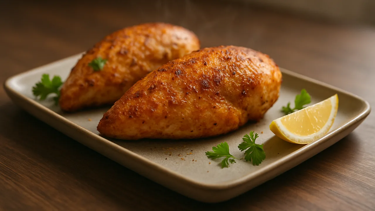 Hähnchenbrust im Airfryer – saftig statt trocken mit Hähnchenbrustfilets, auf dunklem Walnussholz angerichtet.
