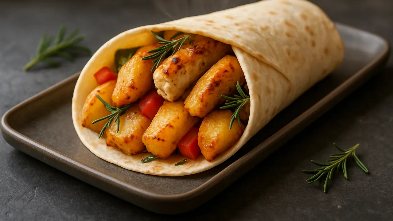 Griechischer Hähnchenbrust-Kartoffel Wrap aus dem Airfryer mit Hähnchenbrust und Kartoffeln, auf dunklem Schiefer …
