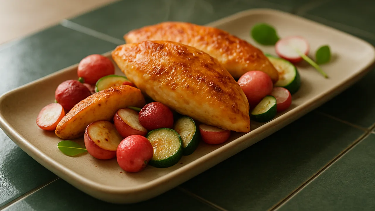 Hähnchenbrust-Radieschen-Pfanne aus dem Airfryer mit Hähnchenbrust und Radieschen, auf dunkelgrünen Fliesen angerichtet.