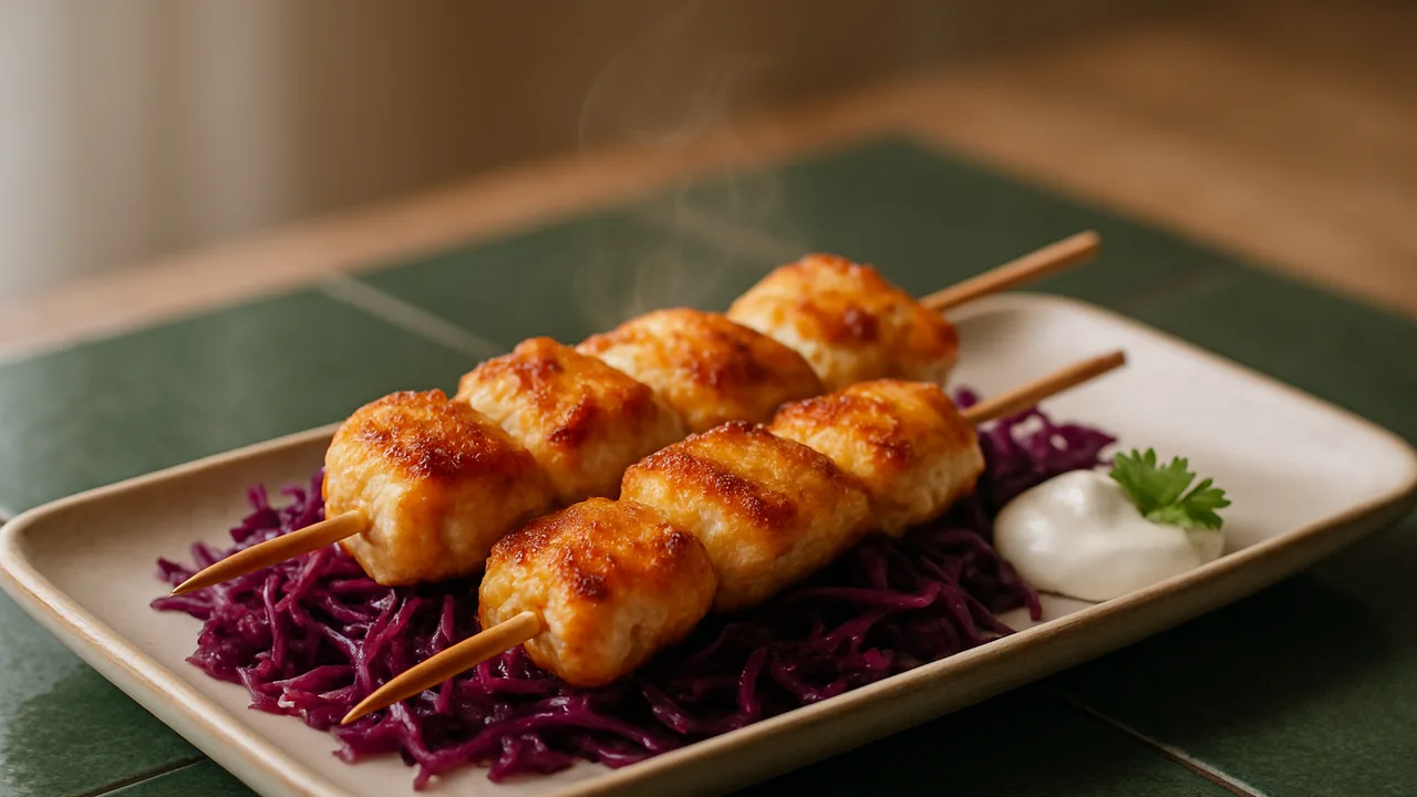 Hähnchenbrust-Spieße mit Rotkohl aus dem Airfryer mit Hähnchenbrust und Rotkohl, auf dunkelgrünen Fliesen angerichtet.