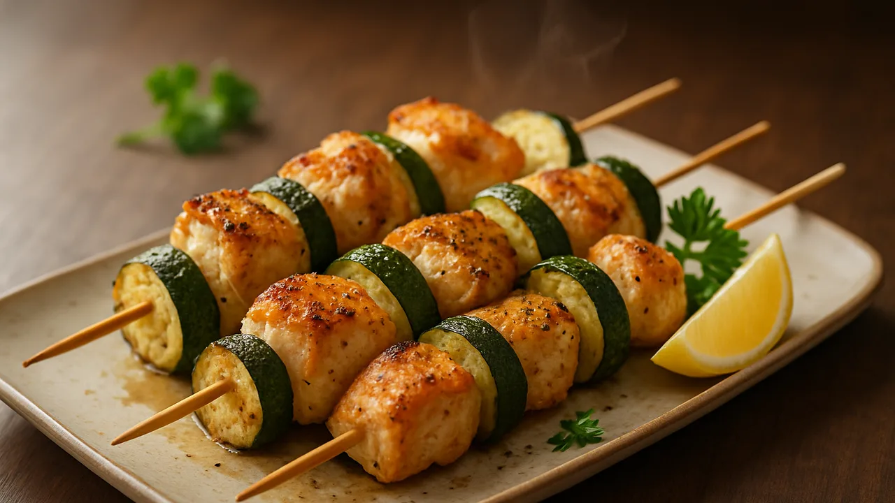 Griechische Hähnchenbrust-Spieße mit Zucchini aus dem Airfryer mit Hähnchenbrustfilet und Zucchini, auf dunklem Walnussholz …