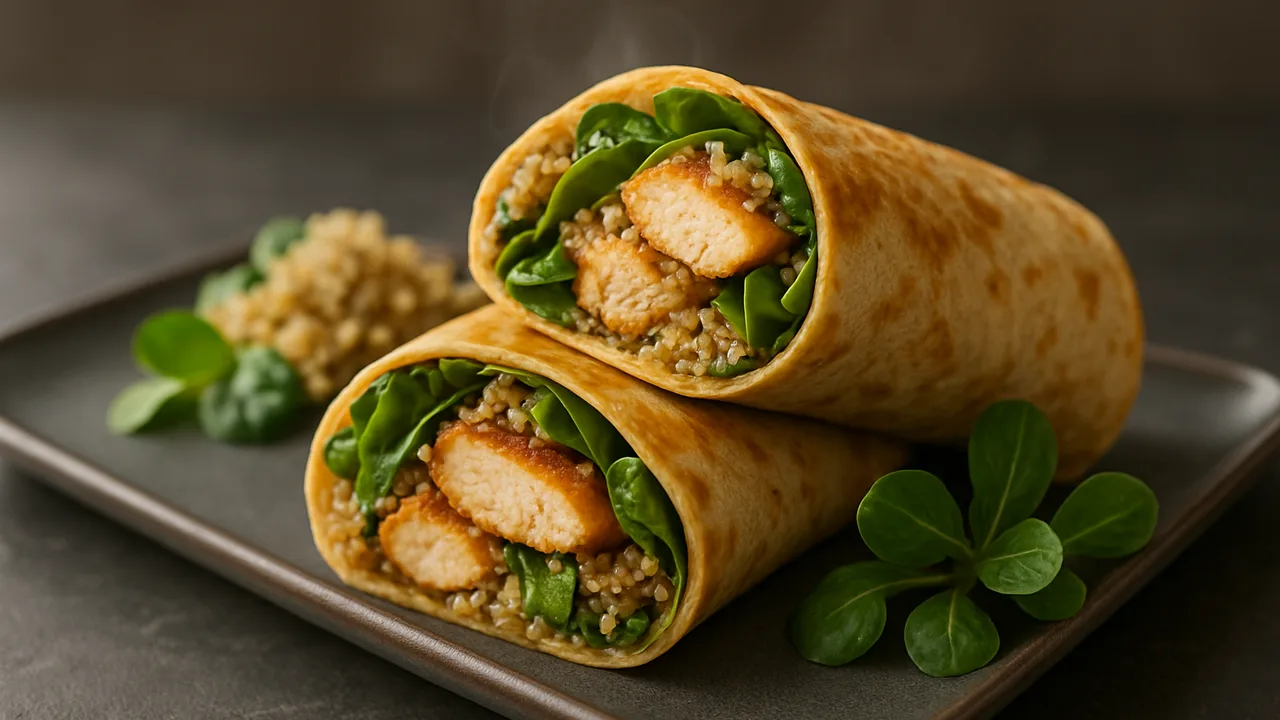 Hähnchenbrust Wrap mit Feldsalat und Quinoa aus dem Airfryer mit Hähnchenbrust und Quinoa, auf dunklem Schiefer angerichtet.