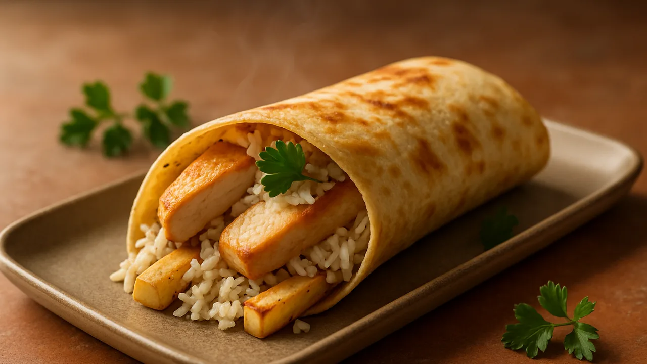 Hähnchenbrust Wrap mit Pastinake und Reis aus dem Airfryer mit Hähnchenbrust und Pastinake, auf Terracotta-Fliesen …