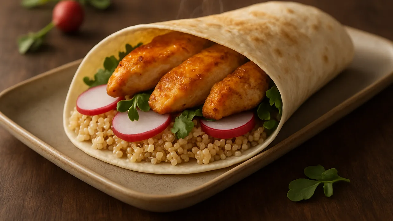 Hähnchenbrust Wrap mit Radieschen und Quinoa aus dem Airfryer mit Hähnchenbrust und Radieschen, auf dunklem Walnussholz …