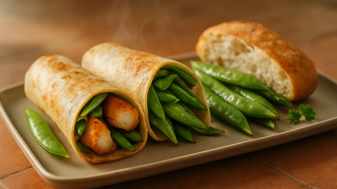 Hähnchenbrust Wrap mit Zuckerschoten und Brot aus dem Airfryer mit Hähnchenbrust und Zuckerschoten, auf Terracotta-Fliesen …
