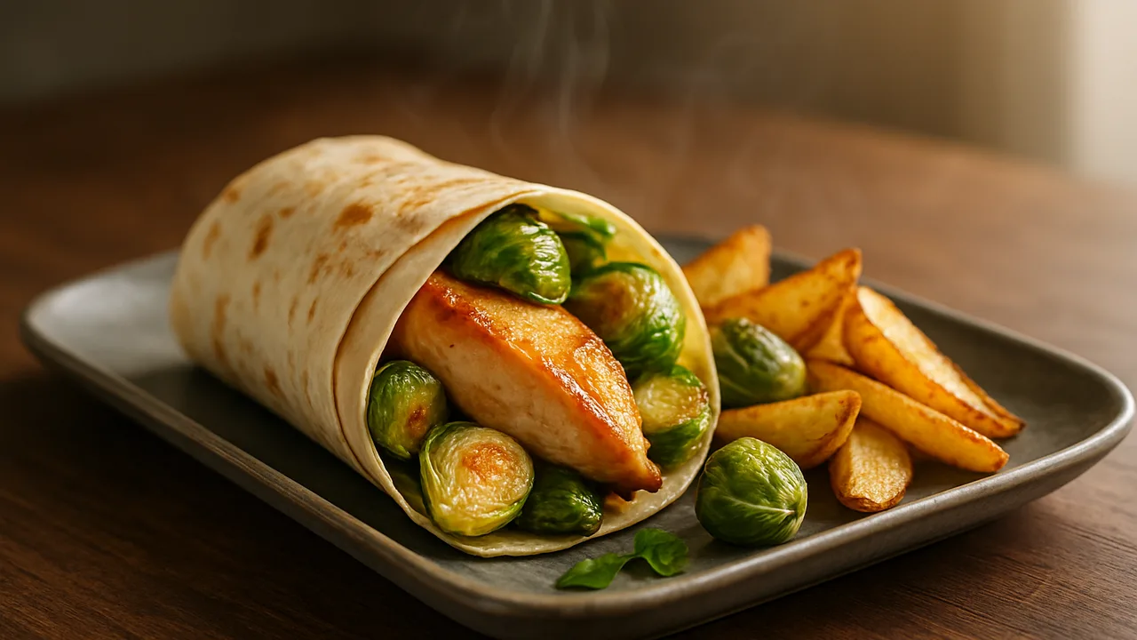 Hähnchenbrust Wrap mit Rosenkohl und Kartoffelspalten aus dem Airfryer mit Hähnchenbrust und Rosenkohl, auf dunklem …
