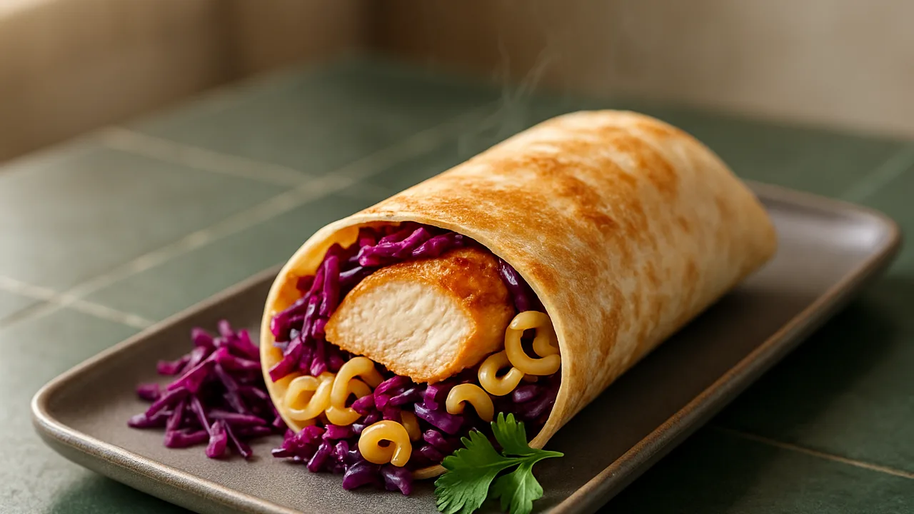 Hähnchenbrust Wrap mit Rotkohl und Nudeln aus dem Airfryer mit Hähnchenbrust und Rotkohl, auf dunkelgrünen Fliesen …