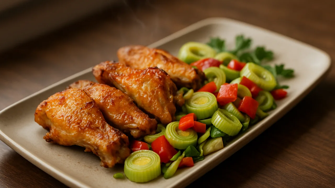 Hähnchenflügel-Lauch-Pfanne aus dem Airfryer mit Hähnchenflügel und Lauch, auf dunklem Walnussholz angerichtet.
