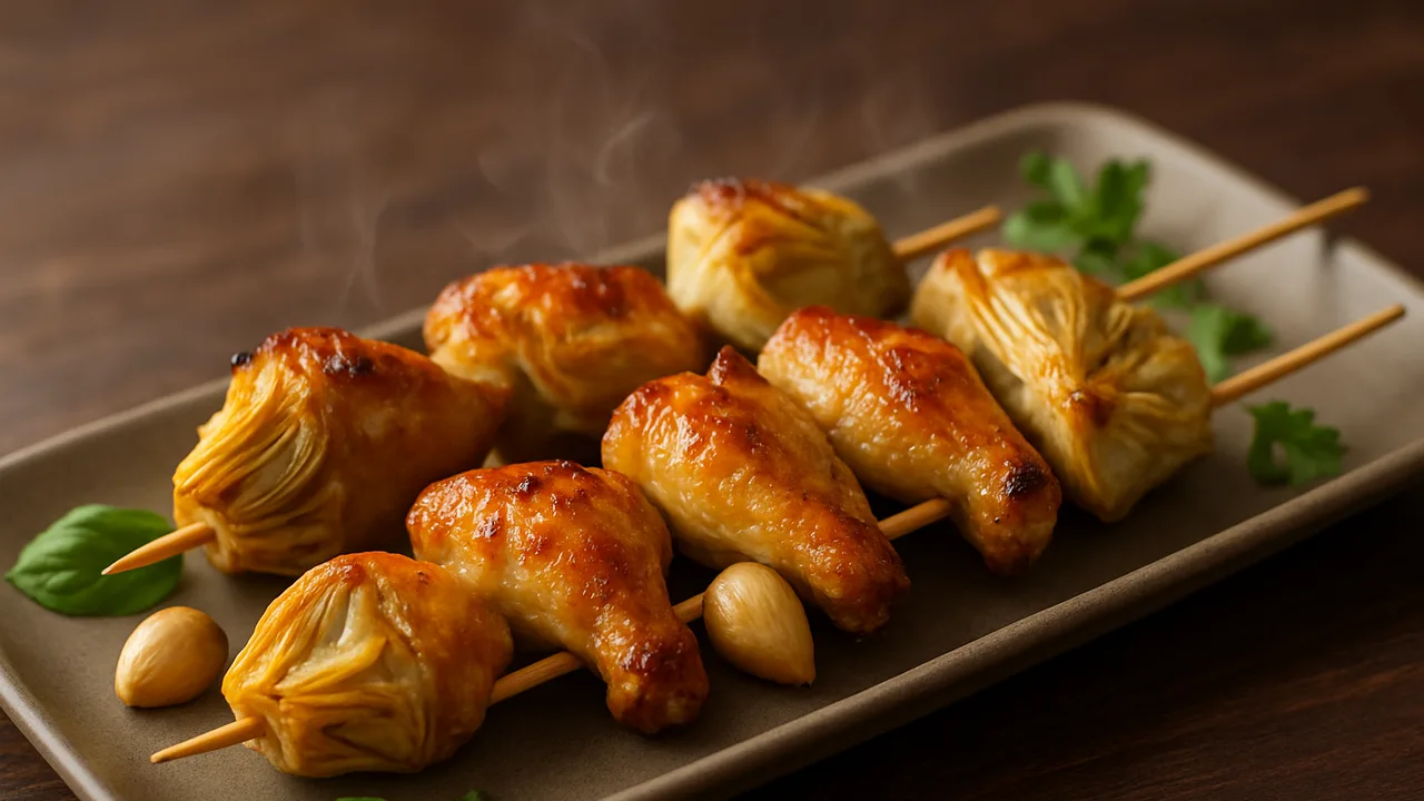 Hähnchenflügel-Spieße mit Artischocke aus dem Airfryer mit Hähnchenflügel und Artischockenherzen, auf dunklem Walnussholz …