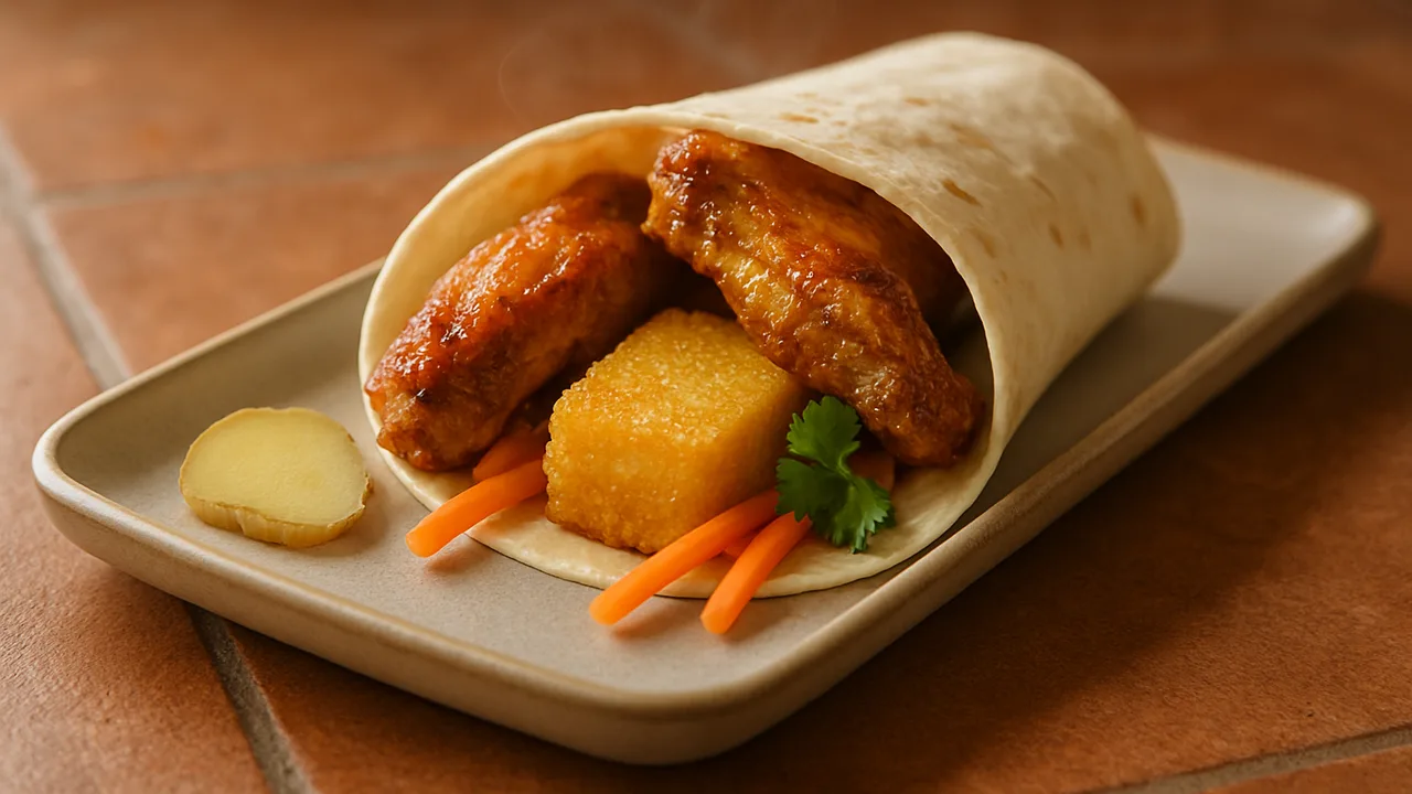 Hähnchenflügel Wrap mit Ingwer und Polenta aus dem Airfryer mit Hähnchenflügel und Ingwer, auf Terracotta-Fliesen …