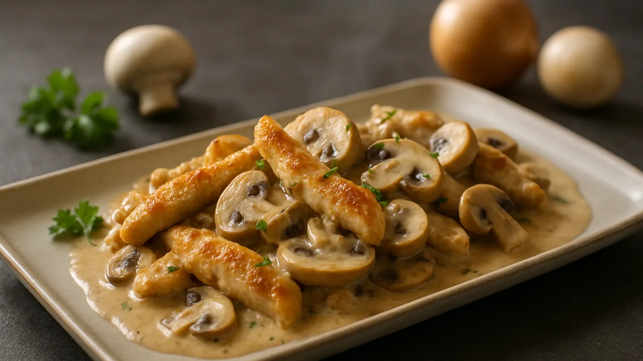 Hähnchengeschnetzeltes mit Champignons und Sahne aus dem Airfryer mit Hähnchenbrust und Champignons, auf dunklem Schiefer …
