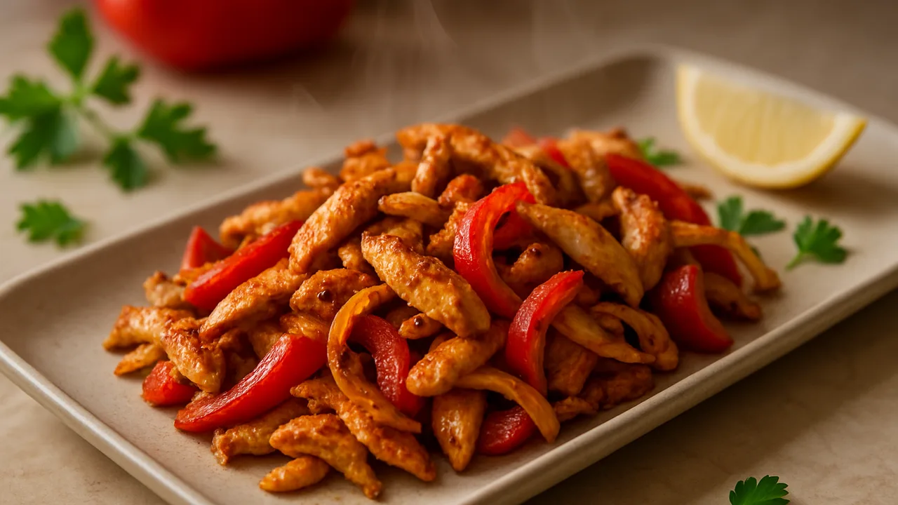Hähnchengyros mit Paprika aus dem Airfryer mit Hähnchenbrust und Paprika, auf beigem Marmor angerichtet.