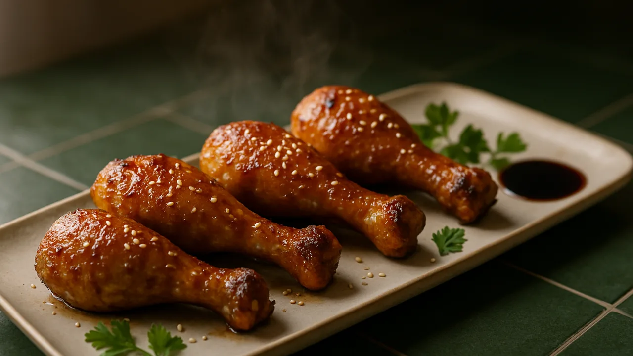 Hähnchenkeulen mit Honig-Soja-Glasur aus dem Airfryer mit Hähnchenschenkel und Honig, auf dunkelgrünen Fliesen angerichtet.