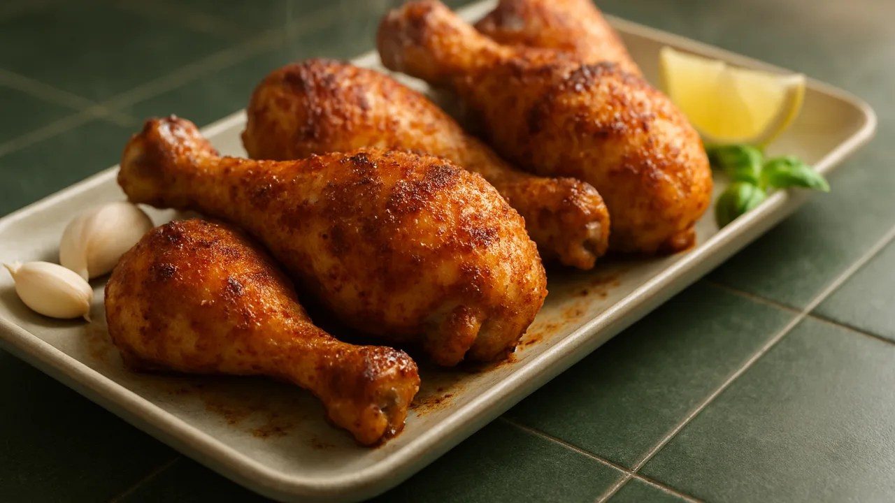 Hähnchenkeulen mit Paprika-Rub aus dem Airfryer mit Hähnchenschenkel und Knoblauchpulver, auf dunkelgrünen Fliesen …