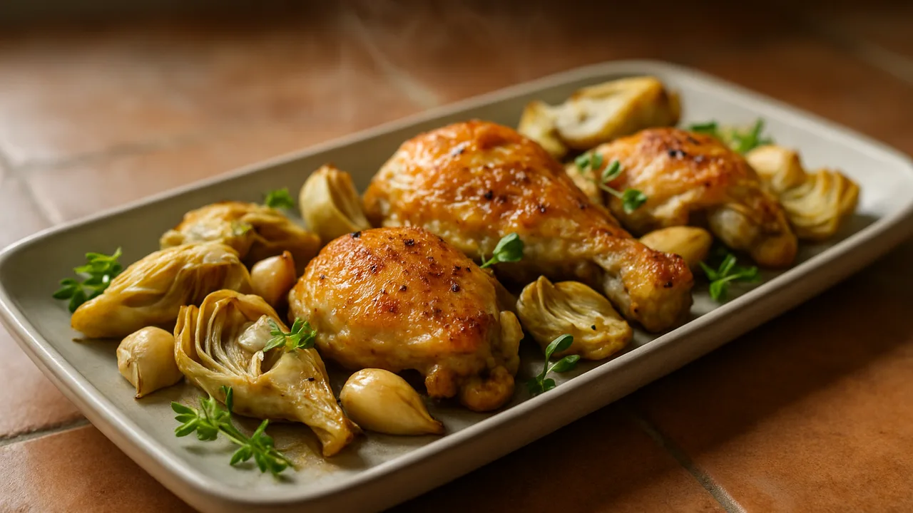 Hähnchenschenkel-Artischocke-Pfanne aus dem Airfryer mit Hähnchenschenkel und Artischockenherzen, auf Terracotta-Fliesen …