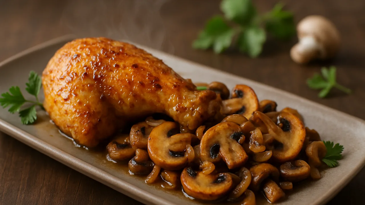 Hähnchenschenkel-Champignons-Pfanne aus dem Airfryer mit Hähnchenschenkel und Champignons, auf dunklem Walnussholz …