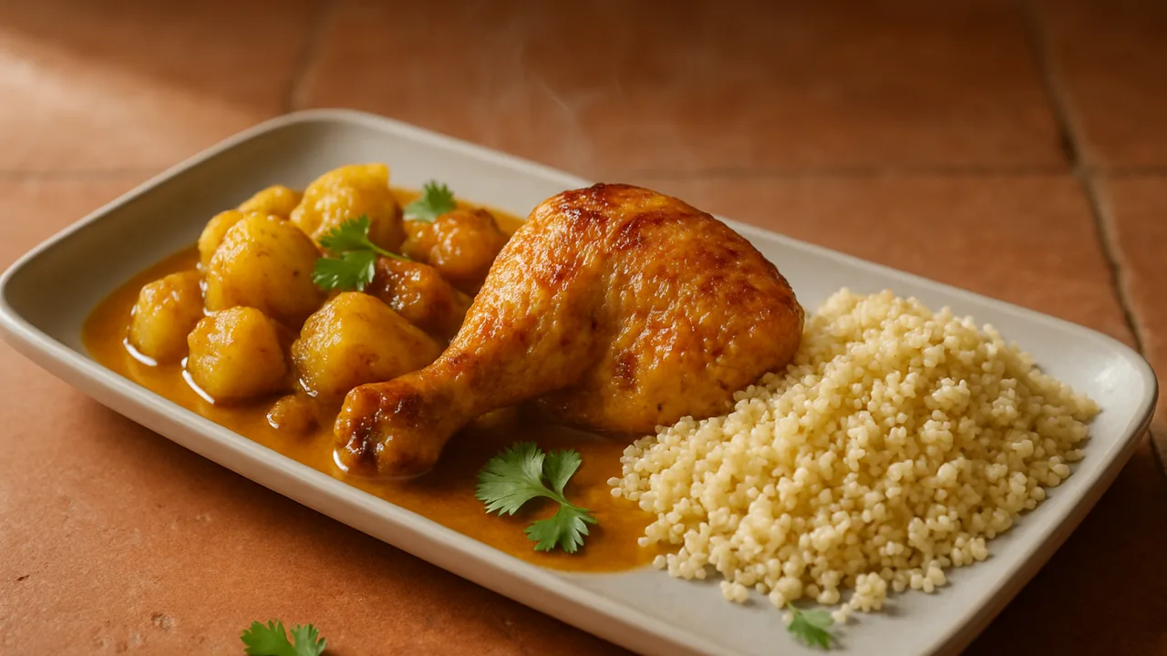 Hähnchenschenkel Curry mit Kartoffel und Couscous aus dem Airfryer mit Hähnchenschenkel und Kartoffeln, auf …