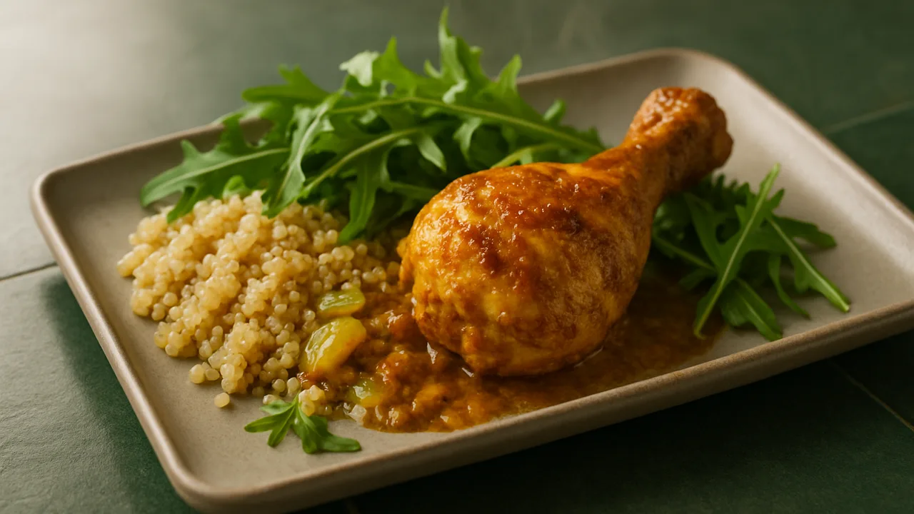Hähnchenschenkel Curry mit Rucola und Quinoa aus dem Airfryer mit Hähnchenschenkel und Quinoa, auf dunkelgrünen Fliesen …