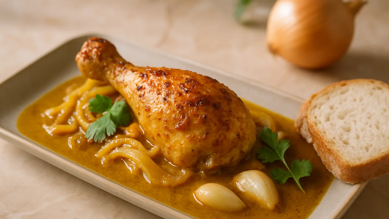 Hähnchenschenkel Curry mit Zwiebel und Brot aus dem Airfryer mit Hähnchenschenkel und Zwiebel, auf beigem Marmor angerichtet.