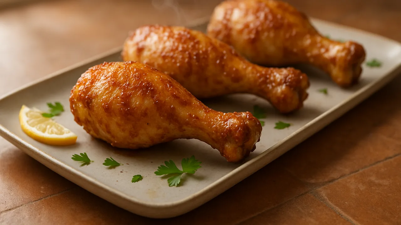 Hähnchenschenkel im Airfryer – knusprige Haut, saftiges Fleisch mit Hähnchenschenkel, auf Terracotta-Fliesen angerichtet.