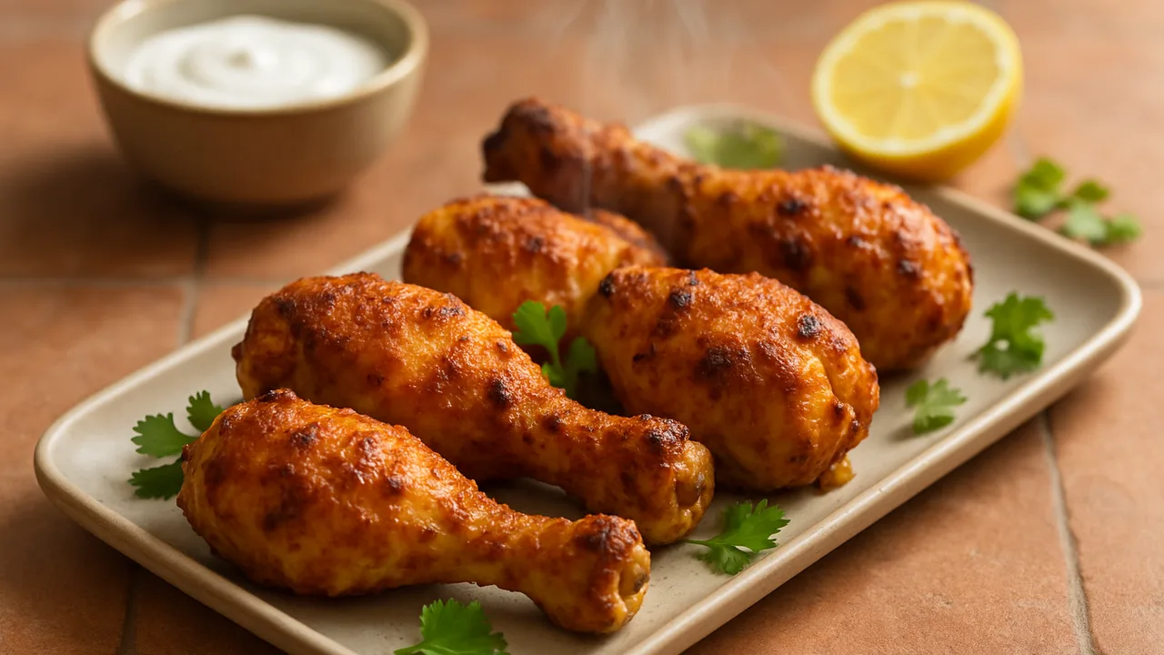 Hühnerschenkel mit Joghurt-Marinade nach Tandoori-Art aus dem Airfryer mit Hähnchenschenkel und Naturjoghurt, auf …