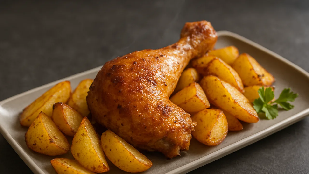 Hähnchenschenkel mit Kartoffeln aus einem Durchgang aus dem Airfryer mit Hähnchenschenkel und Kartoffeln, auf dunklem …