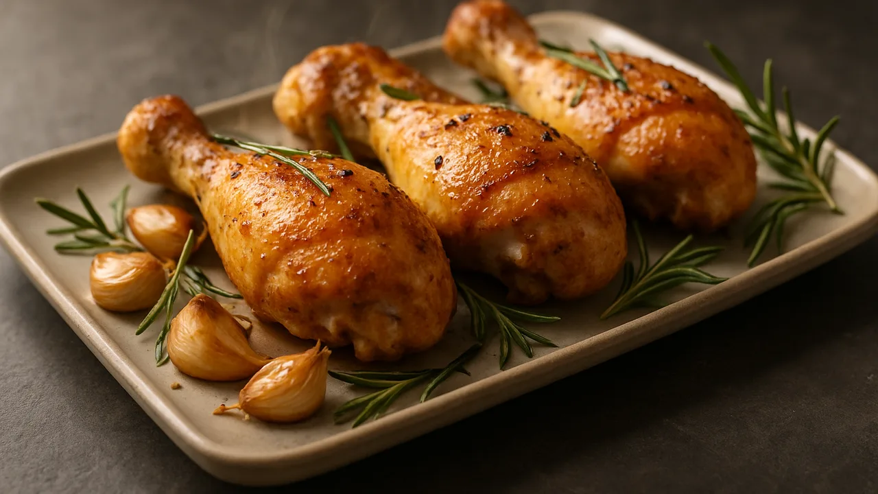 Hähnchenschenkel mit Knoblauch und Rosmarin aus dem Airfryer mit Hähnchenschenkel und Knoblauchzehen, auf dunklem Schiefer …