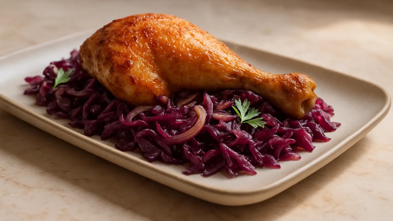 Hähnchenschenkel-Rotkohl-Pfanne aus dem Airfryer mit Hähnchenschenkel und Rotkohl, auf beigem Marmor angerichtet.